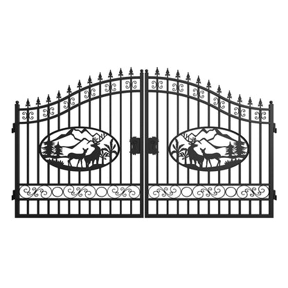 12x7 ft Dual Swing Driveway Steel Gate with Deer Pattern