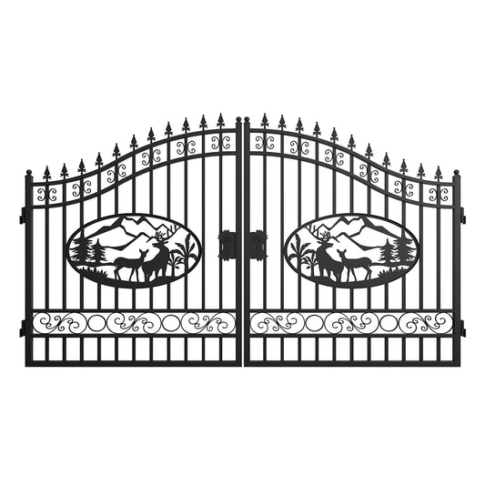 12x7 ft Dual Swing Driveway Steel Gate with Deer Pattern