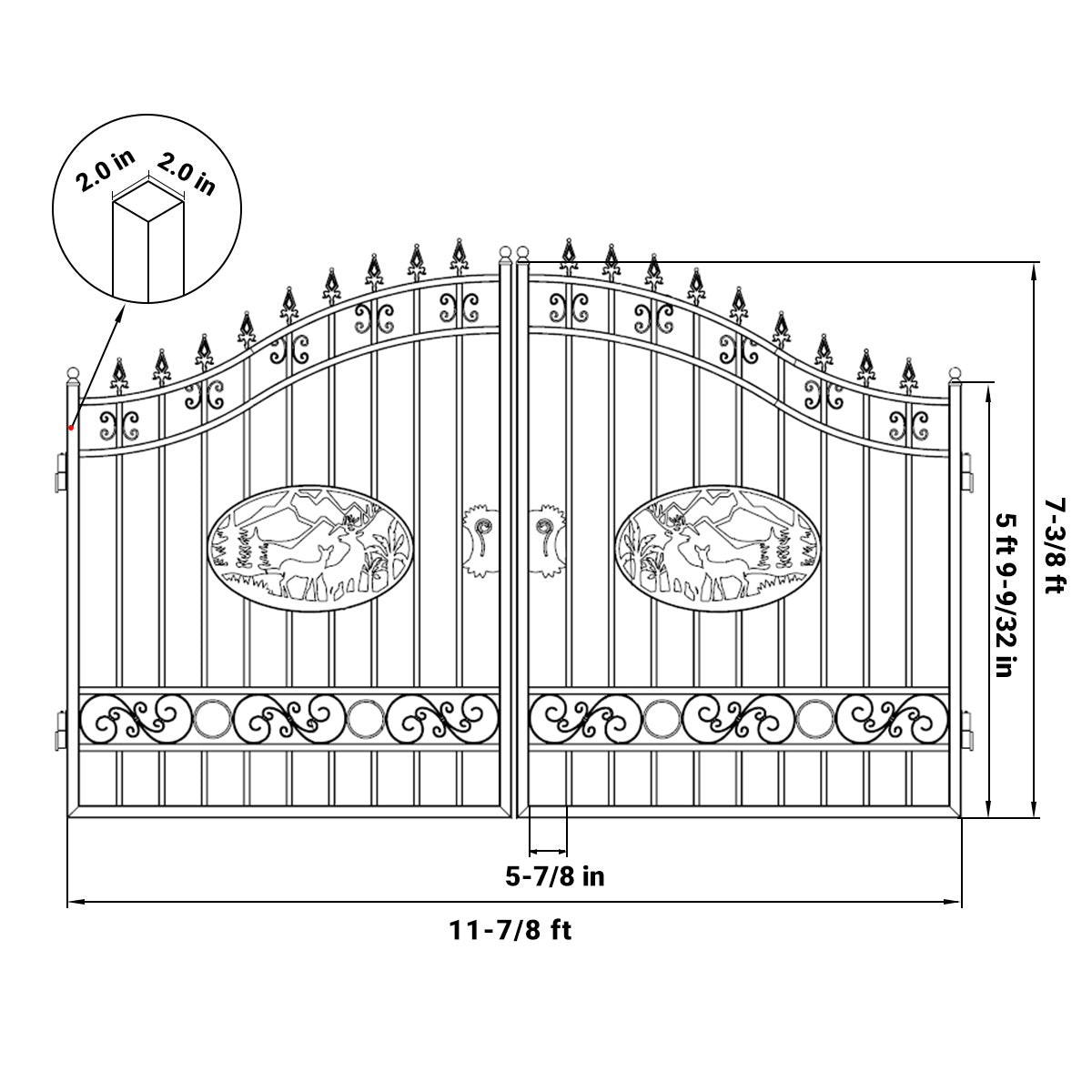drawing of a decorative double iron gate with dimension annotations