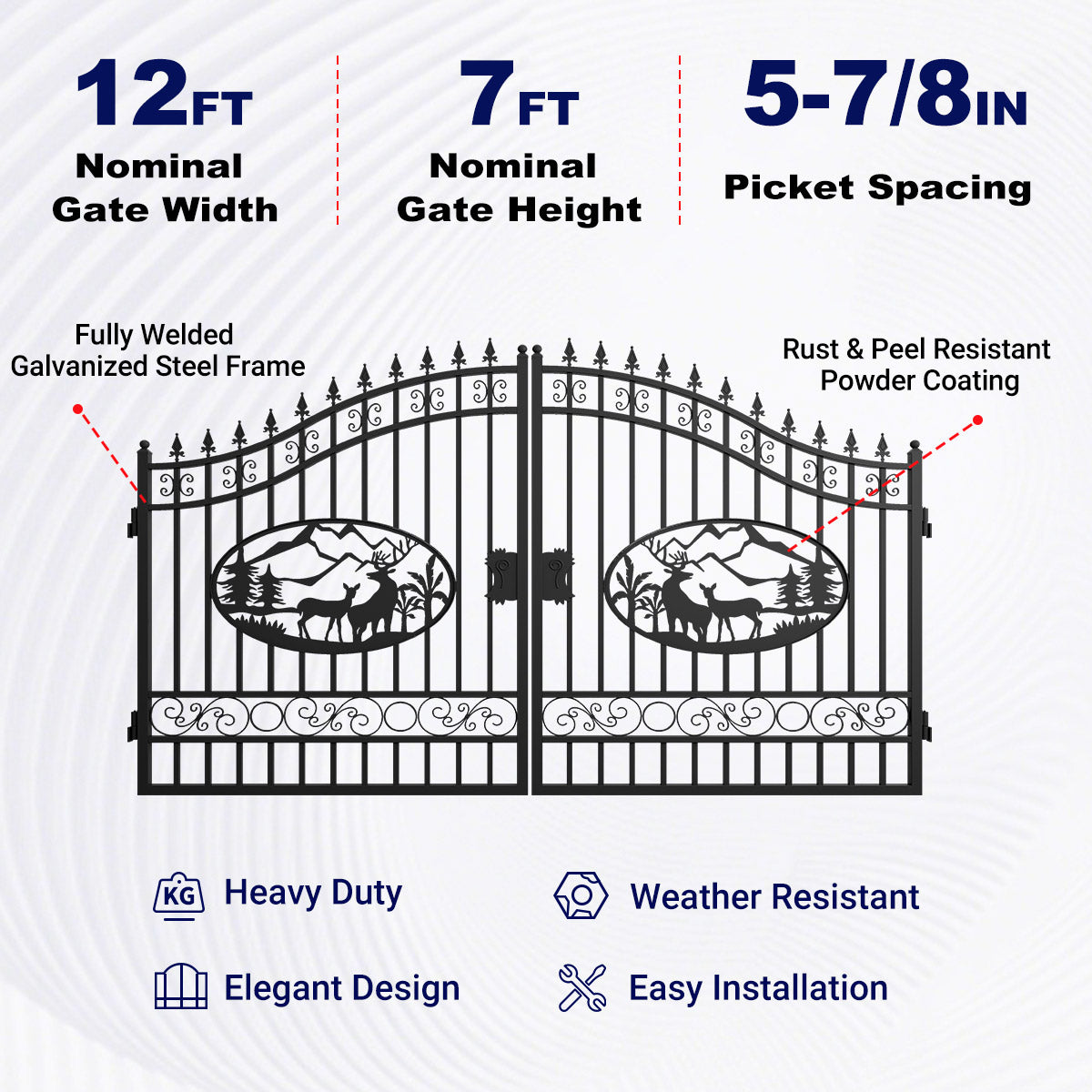 12 ft nominal gate width, 7 ft nominal gate height, 5-7/8 in picket spacing