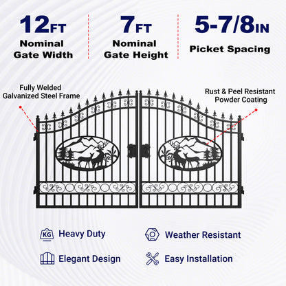 12 ft nominal gate width, 7 ft nominal gate height, 5-7/8 in picket spacing