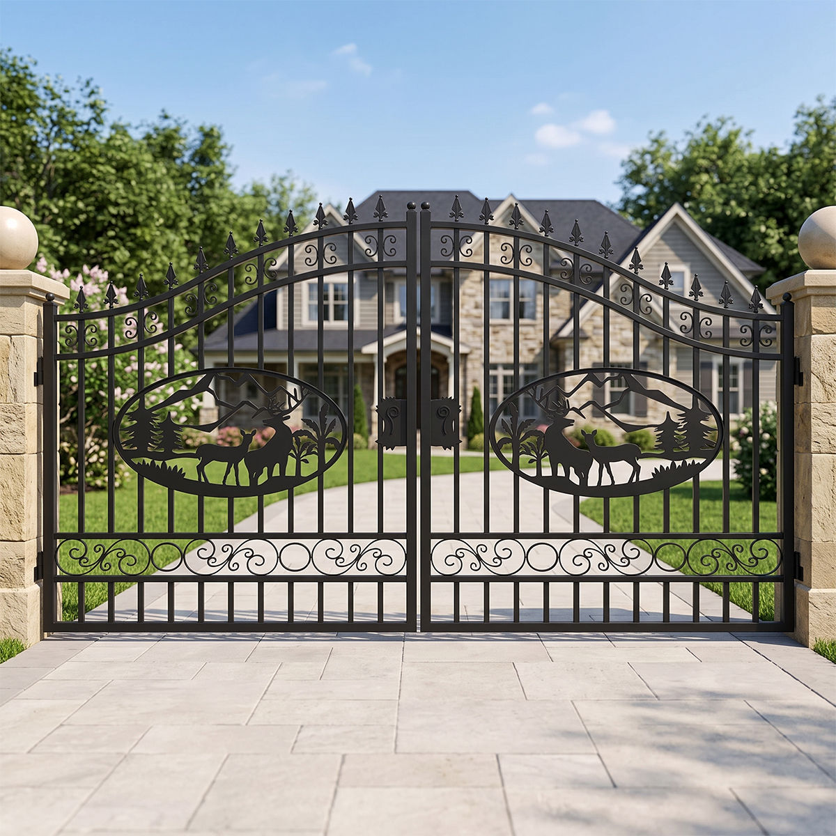 Gate set in a stone pillar driveway in front of a suburban house.