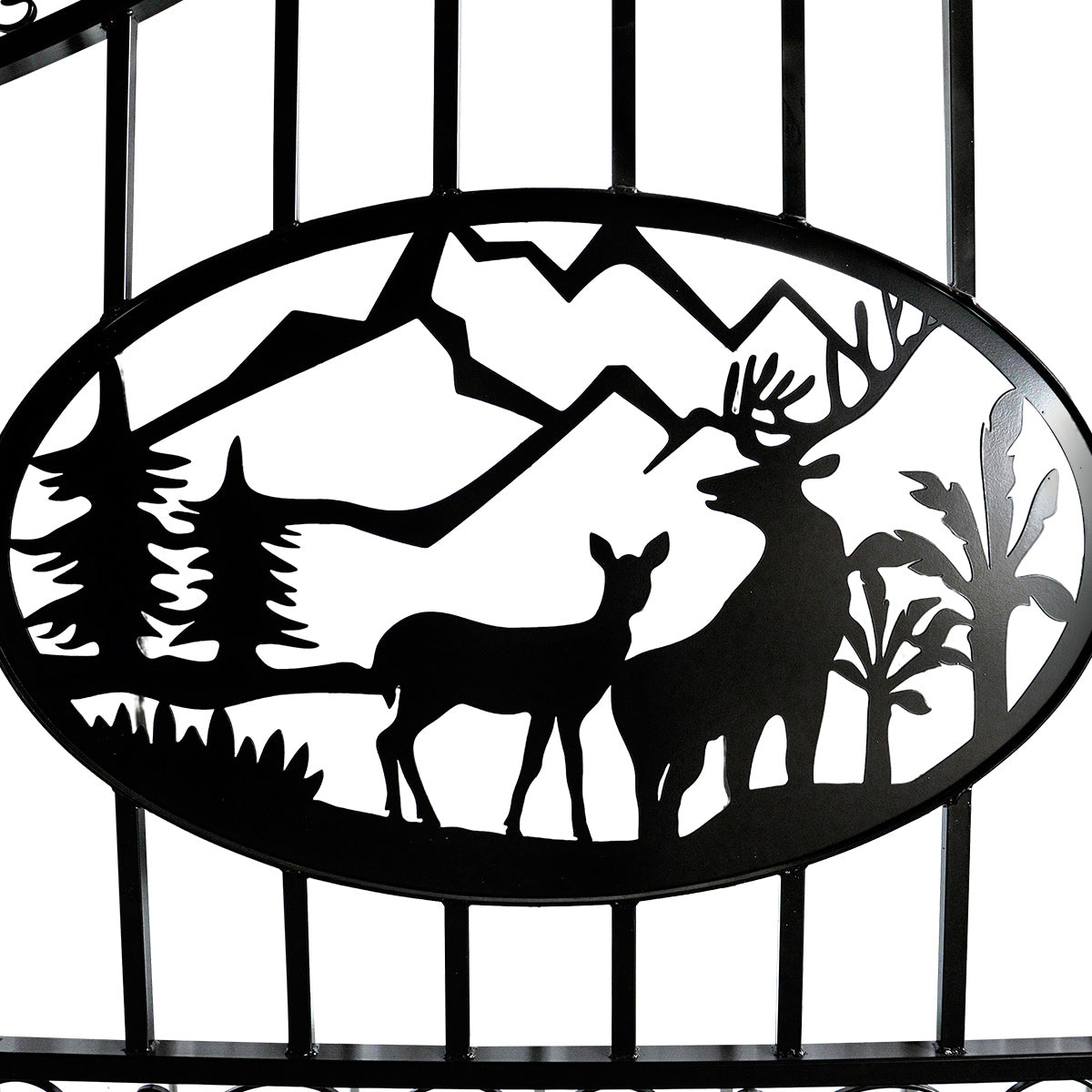 Black metal decorative gate sign featuring a silhouetted oval landscape with mountains, trees, and two deer