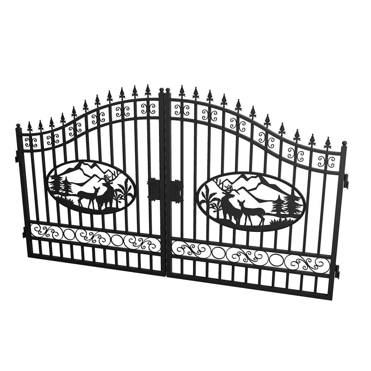 Black wrought iron double gate with decorative scrollwork and oval deer landscape medallions