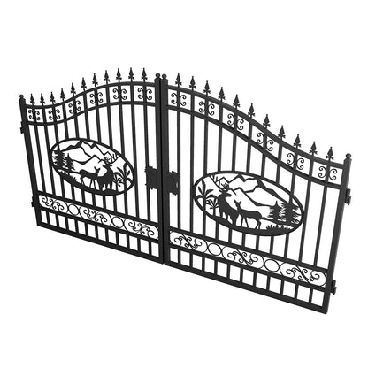Wrought iron split gate with decorative scrollwork and oval mountain-and-deer cutout panels