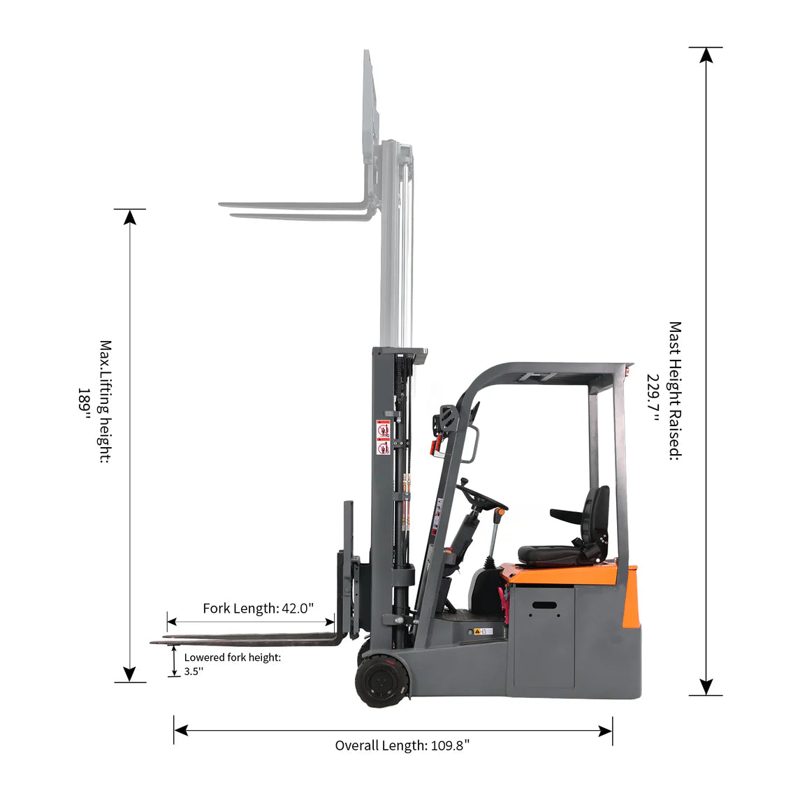 3-Wheel Electric Forklift | Li-ion Battery | 3300 lbs. Capacity | 189" Lift Height | TX Self-Pickup