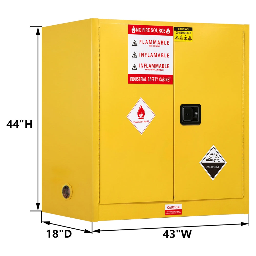 Yellow industrial safety cabinet with warning labels and dimensions on a white background