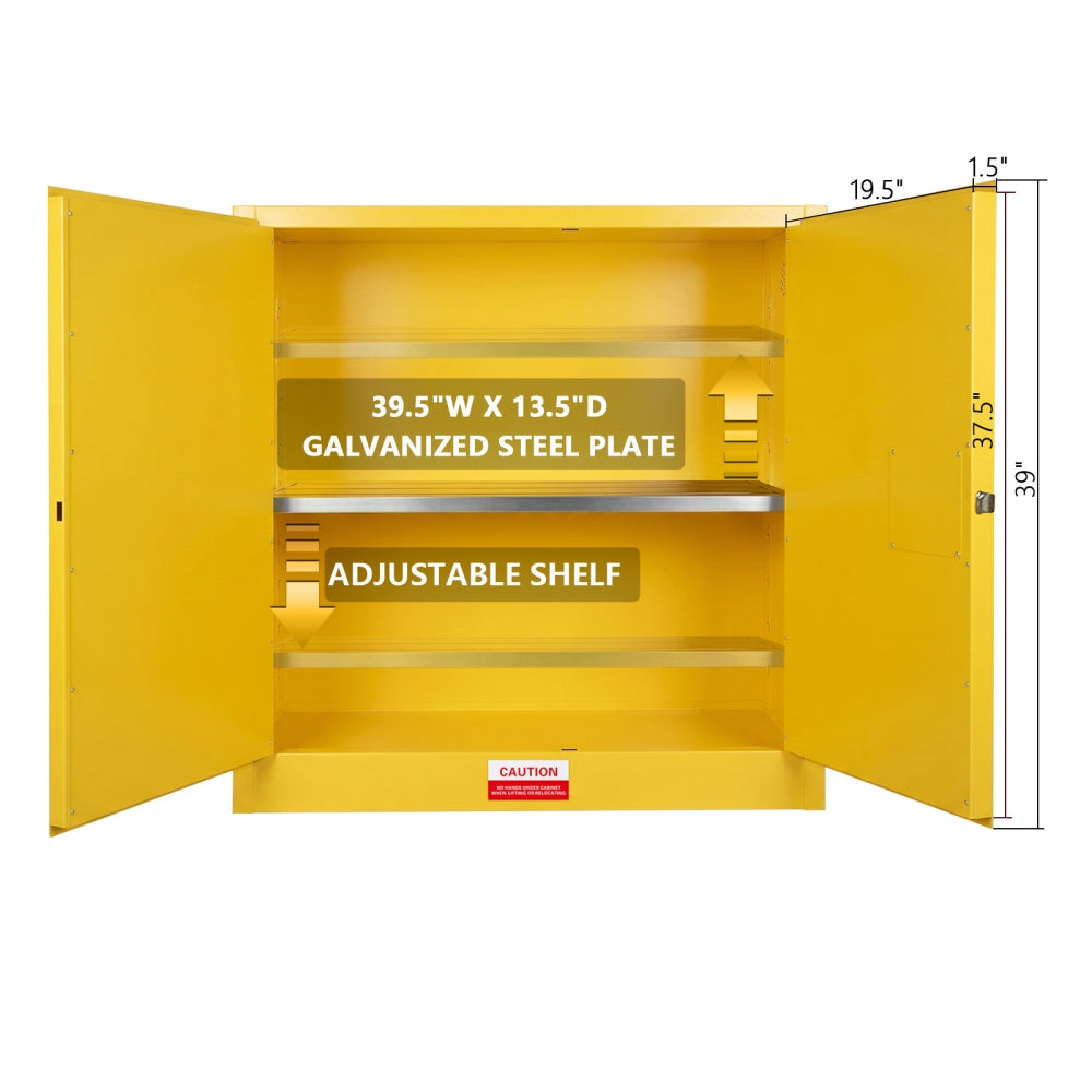 Yellow storage cabinet with open doors showing dimensions and features on a white background