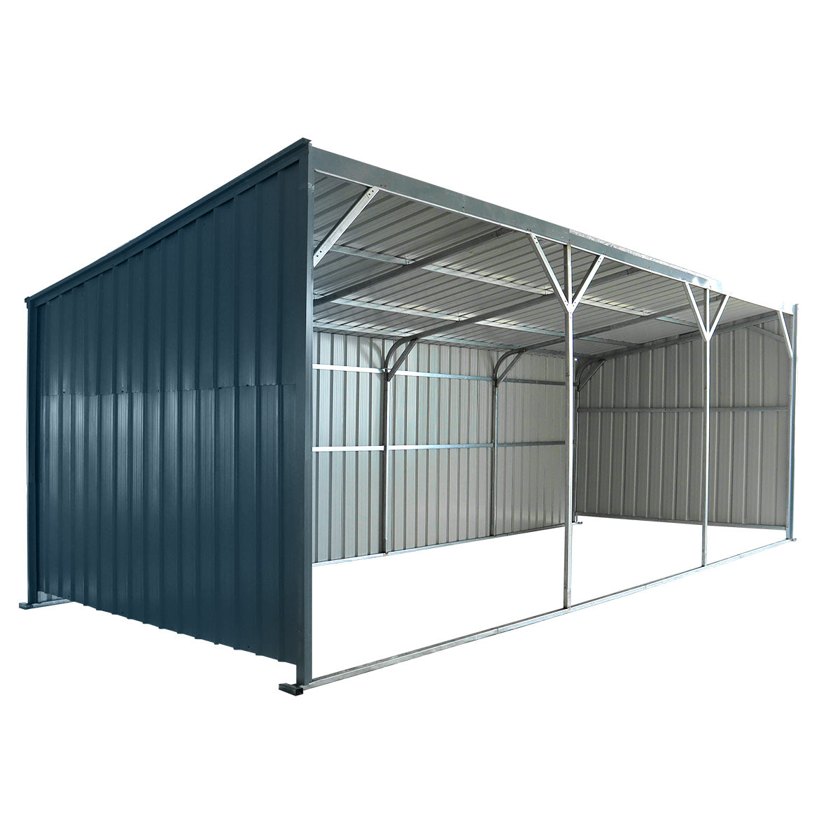 Metal storage shed with a blue side panel on a white background