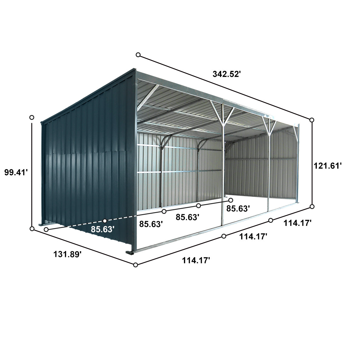 Measurement chart of a metal storage shed with dimensions labeled.