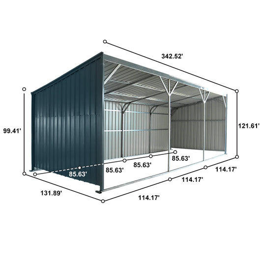 Measurement chart of a metal storage shed with dimensions labeled.