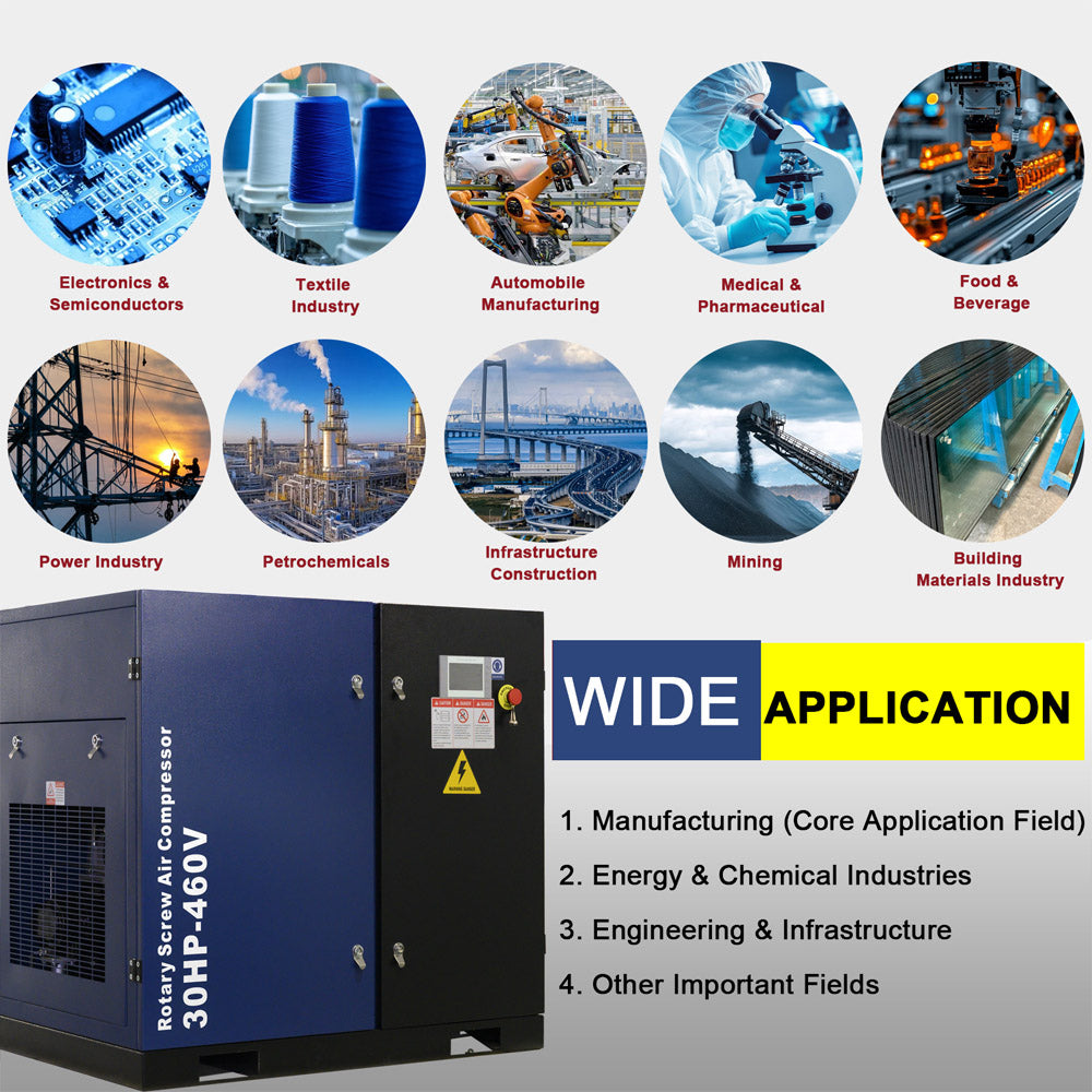Industrial air compressor with applications across various industries on a gray background