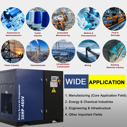 Industrial air compressor with applications across various industries on a gray background
