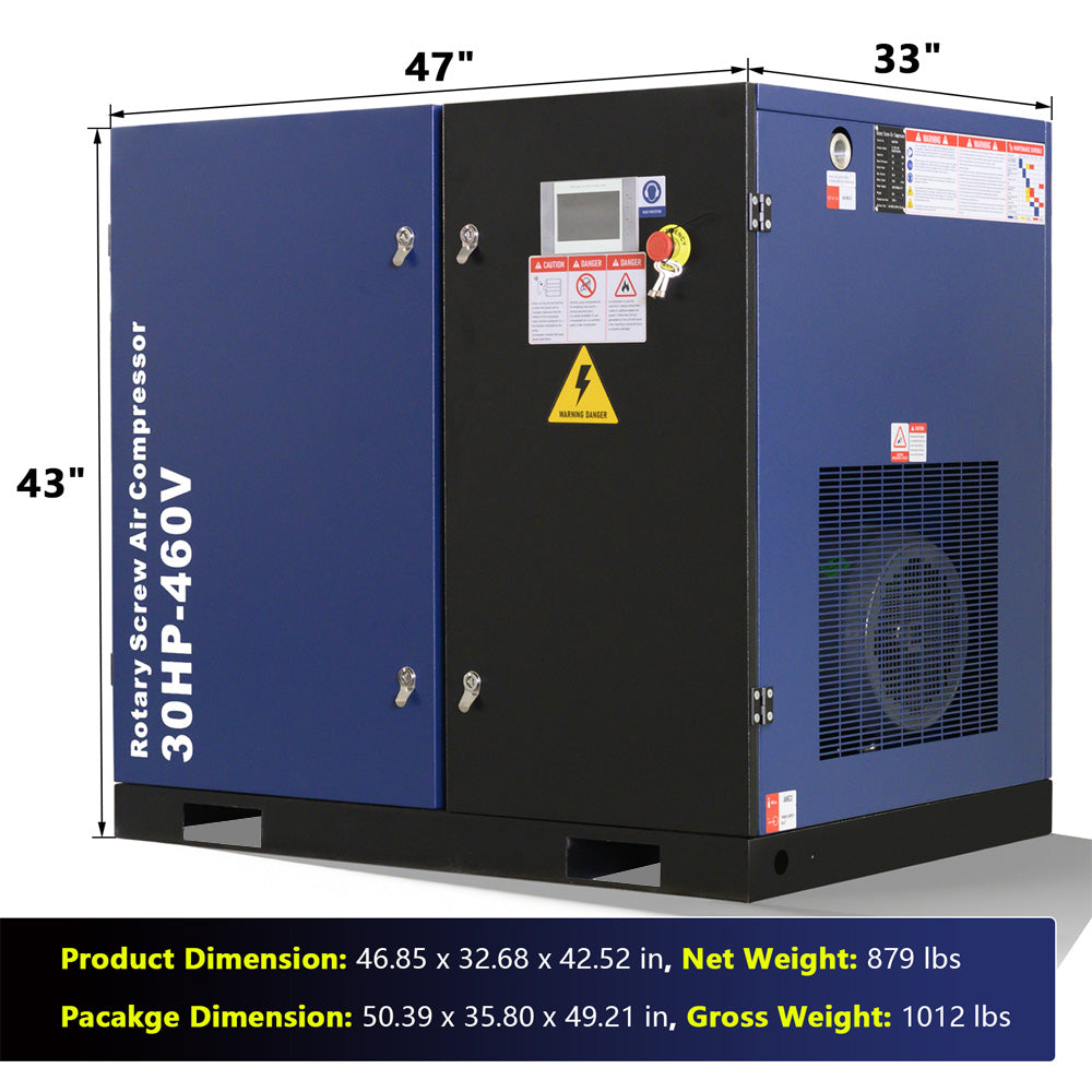 123CFM Rotary Screw Air Compressor with dimensions and weight details.