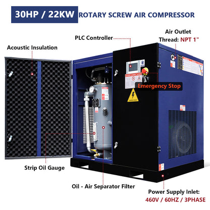 30HP/22KW rotary screw air compressor with labeled parts on a white background