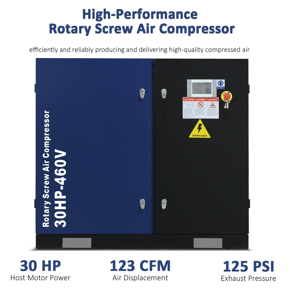 High-performance rotary screw air compressor with specifications on a white background