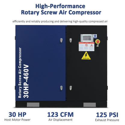 High-performance rotary screw air compressor with specifications on a white background