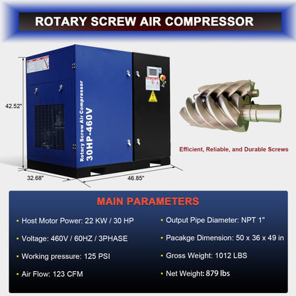 30HP Rotary Screw Air Compressor, 123CFM, 125PSI, 460V 3PHASE 60HZ