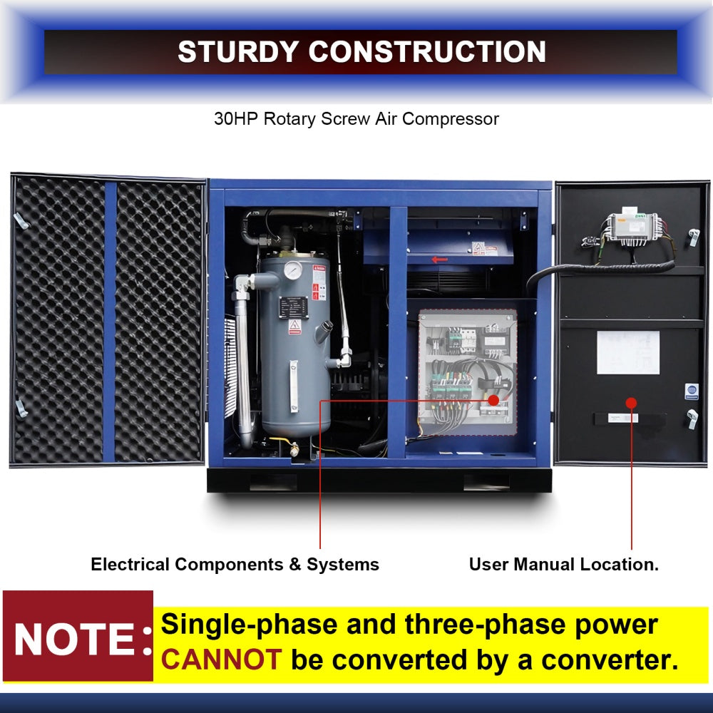 30HP Rotary Screw Air Compressor, 123CFM, 125PSI, 460V 3PHASE 60HZ