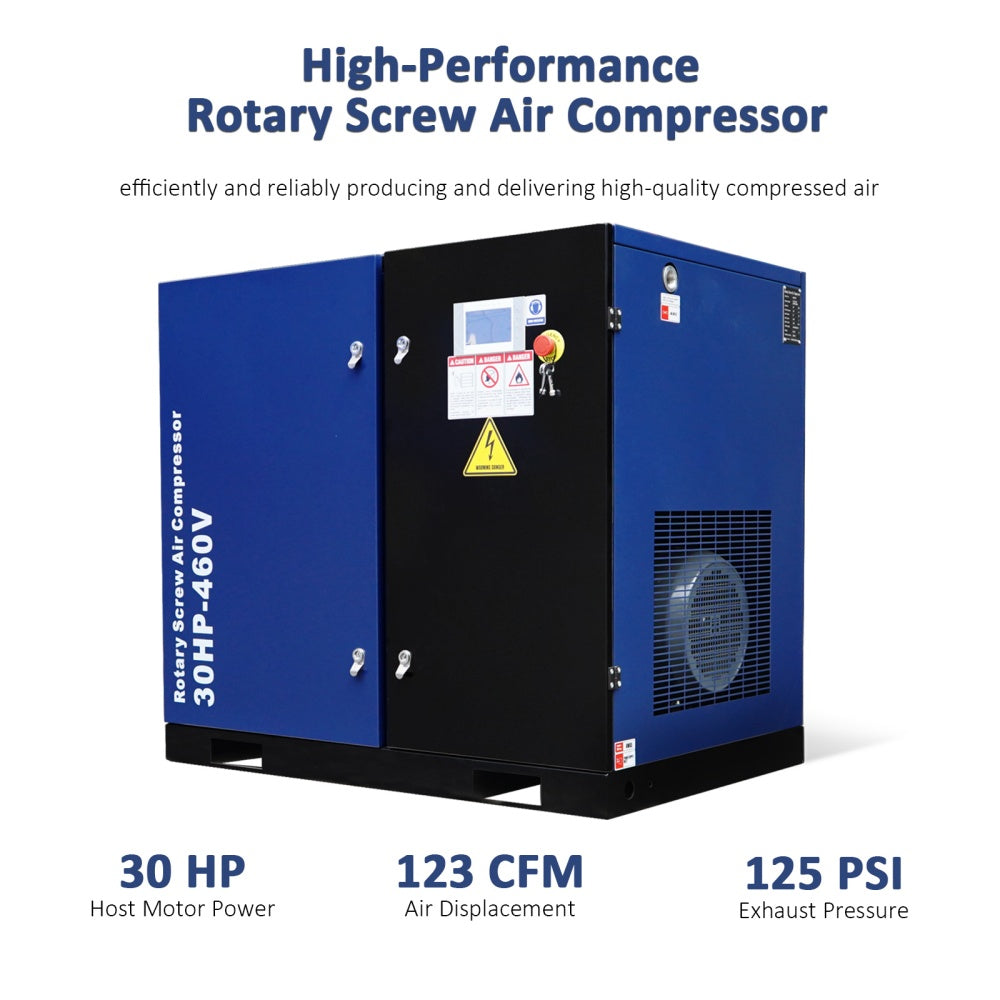 30HP Rotary Screw Air Compressor, 123CFM, 125PSI, 460V 3PHASE 60HZ