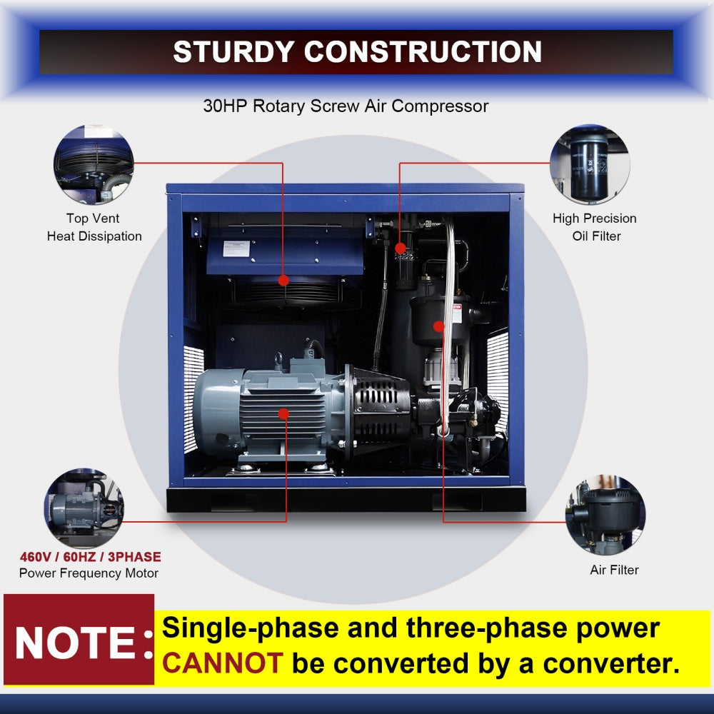 30HP Rotary Screw Air Compressor, 123CFM, 125PSI, 460V 3PHASE 60HZ