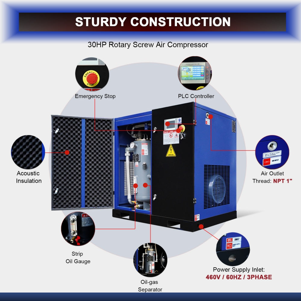 30HP Rotary Screw Air Compressor, 123CFM, 125PSI, 460V 3PHASE 60HZ