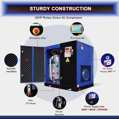 30HP Rotary Screw Air Compressor, 123CFM, 125PSI, 460V 3PHASE 60HZ