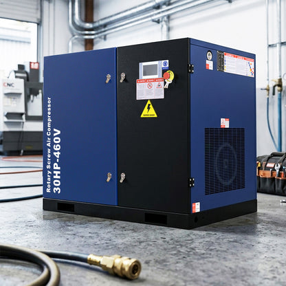 Blue and black rotary screw air compressor in a workshop setting
