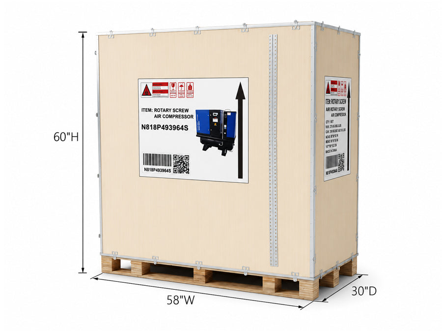Large cardboard box on a wooden pallet with dimensions labeled, featuring a generator image and text.