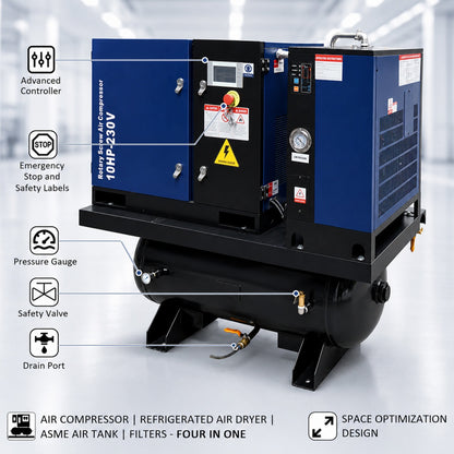 34CFM 10HP Rotary Screw Air Compressor with Air Dryer & ASME Tank | 125 PSI 230V 3-Phase