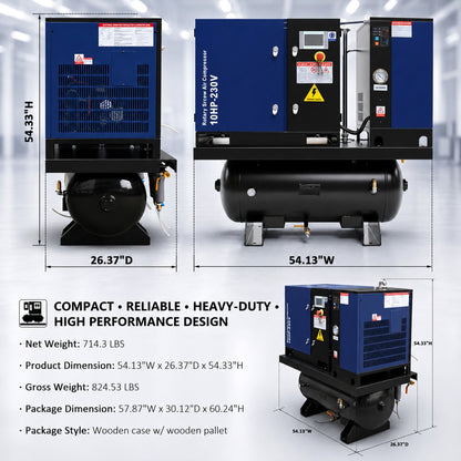 34CFM 10HP Rotary Screw Air Compressor with Air Dryer & ASME Tank | 125 PSI 230V 3-Phase
