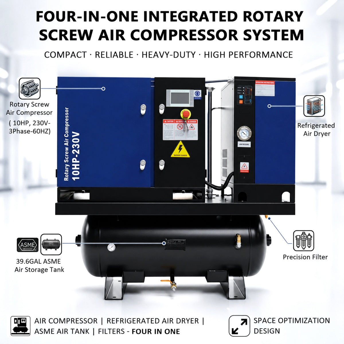 34CFM 10HP Rotary Screw Air Compressor with Air Dryer & ASME Tank | 125 PSI 230V 3-Phase