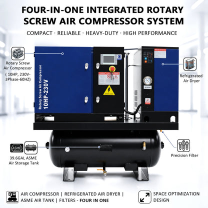 34CFM 10HP Rotary Screw Air Compressor with Air Dryer & ASME Tank | 125 PSI 230V 3-Phase