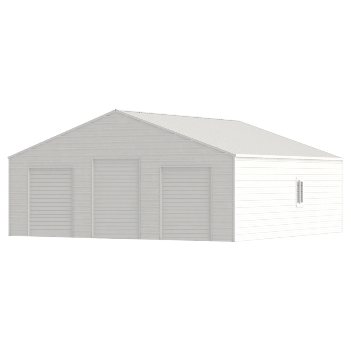 White metal storage shed with a slanted roof on a white background
