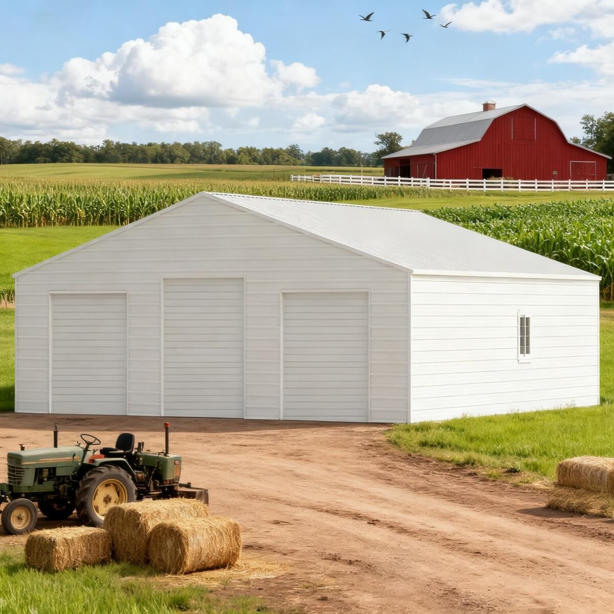 White Metal Garage Shed on a farm with a red barn in the background
