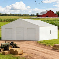 White Metal Garage Shed on a farm with a red barn in the background