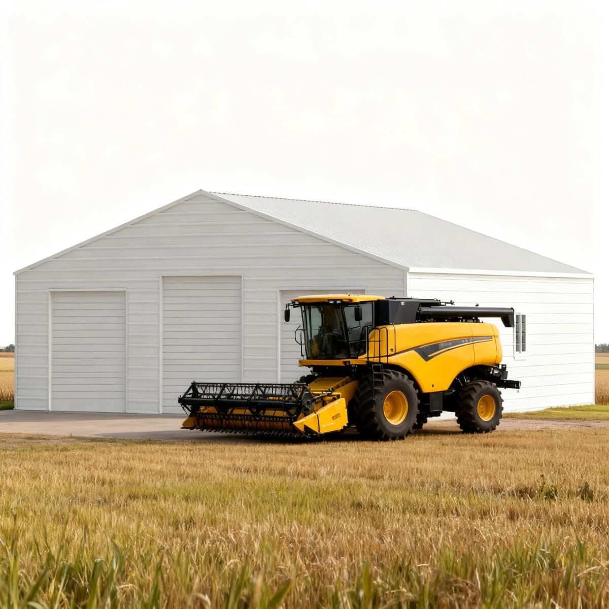 Yellow combine harvester in a field with a white Metal Garage Shed in the background