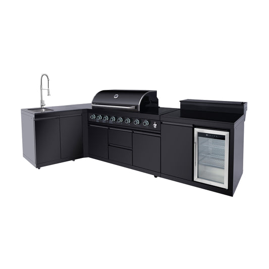 95.8", 95,500 BTU, 6+1 Burner Black Outdoor Kitchen Island Grill with Sink, Refrigerator & Bar Table