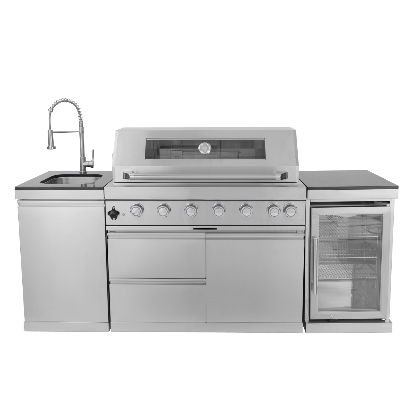 82" 6-Burner 85,000 BTU Stainless Outdoor Kitchen Island Grill with Wine Cooler, Granite Countertops & Storage Cabinets