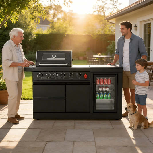 65" 4-Burner 72,000 BTU Black Outdoor Kitchen Island Grill Marble Countertops Wine Cooler