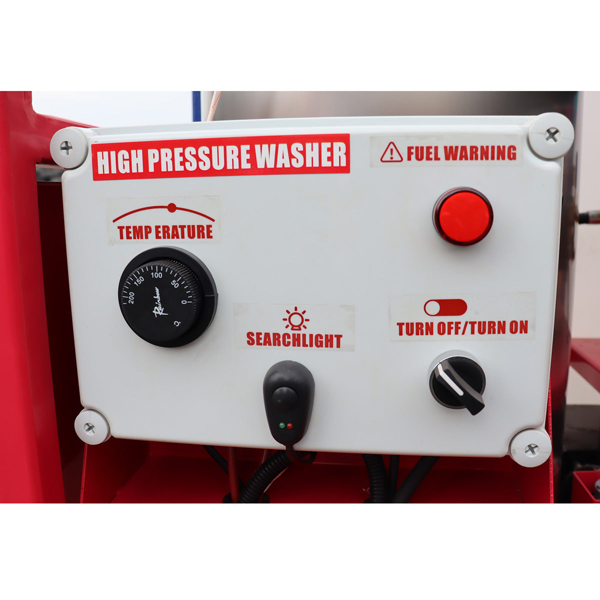 Control panel of a high-pressure washer with various buttons and indicators.