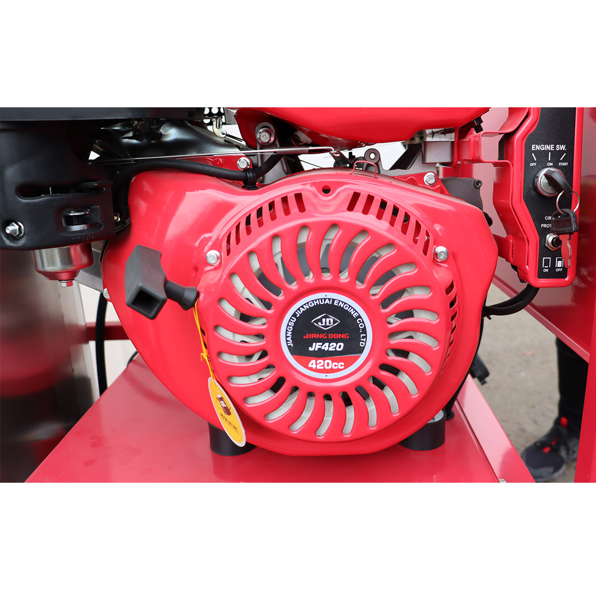 Red engine with visible brand logo on a white background