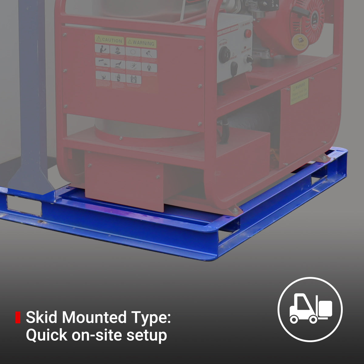 Red skid-mounted machine on a blue pallet with text indicating quick on-site setup.