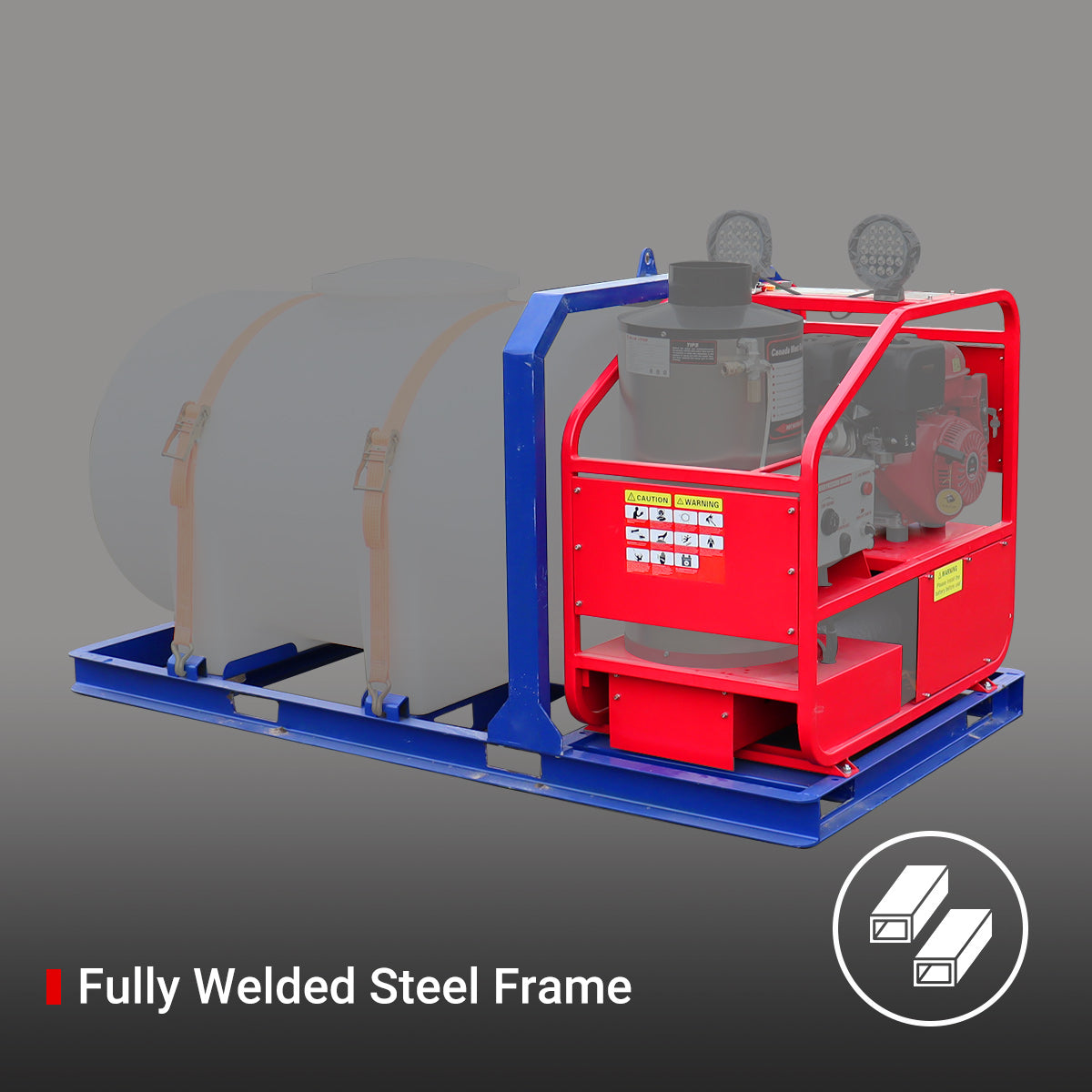 Red and blue industrial machine on a gray background with 'Fully Welded Steel Frame' text.