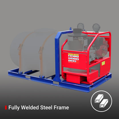 Red and blue industrial machine on a gray background with 'Fully Welded Steel Frame' text.