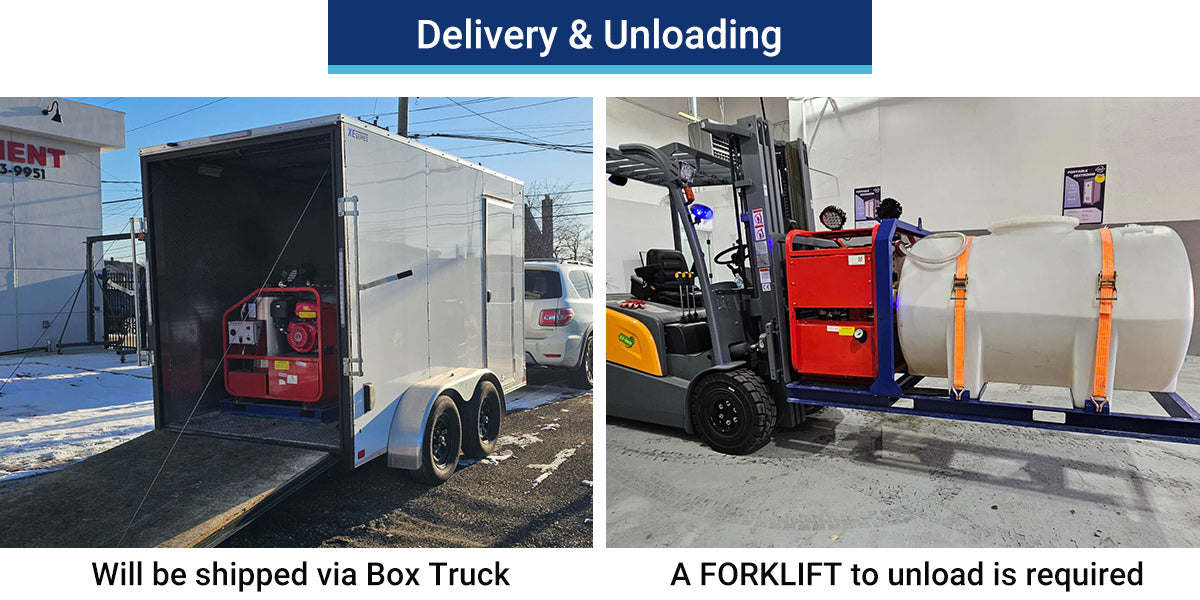 Two images showing a box truck being loaded and a forklift unloading a large cylindrical tank.