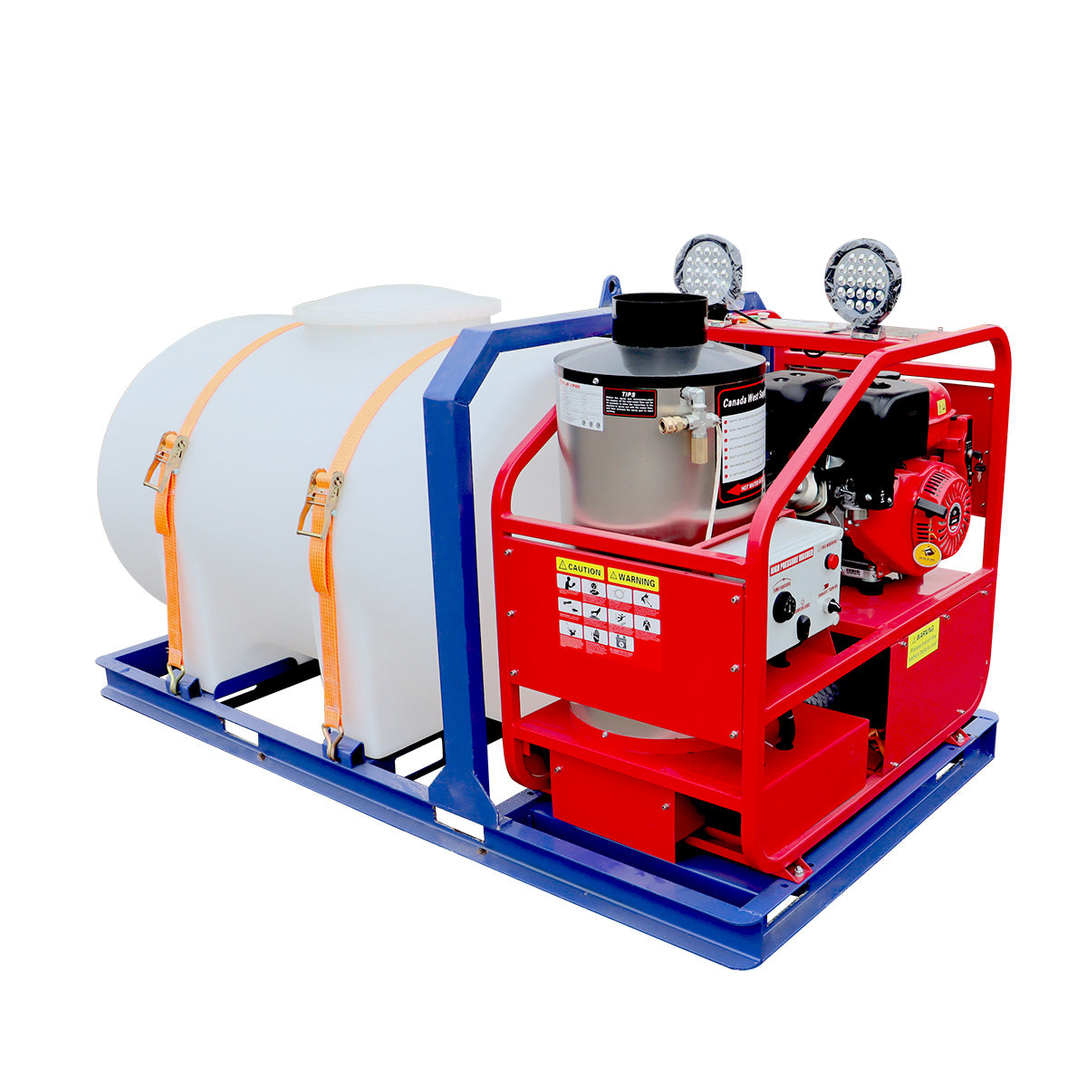 Industrial machine with a red and blue frame on a white background