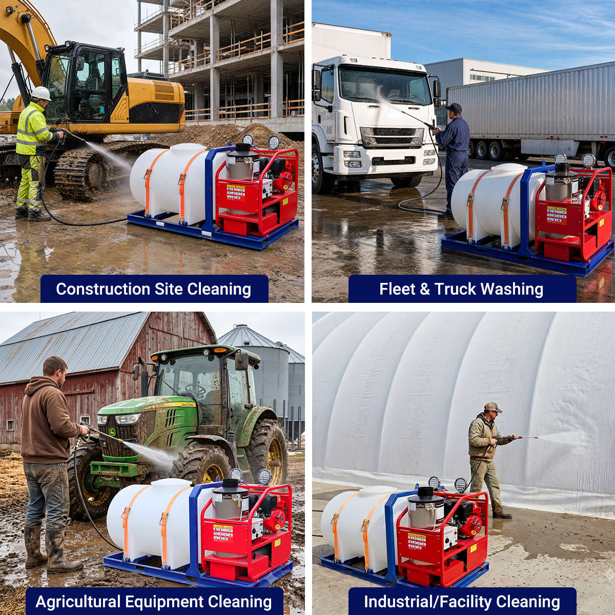Collage of a cleaning machine being used on construction sites, trucks, tractors, and industrial buildings.