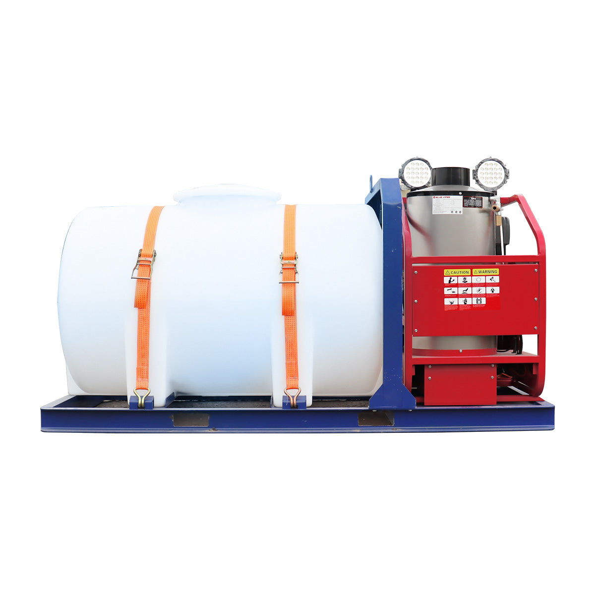 Industrial tank with a red and blue machine on a white background