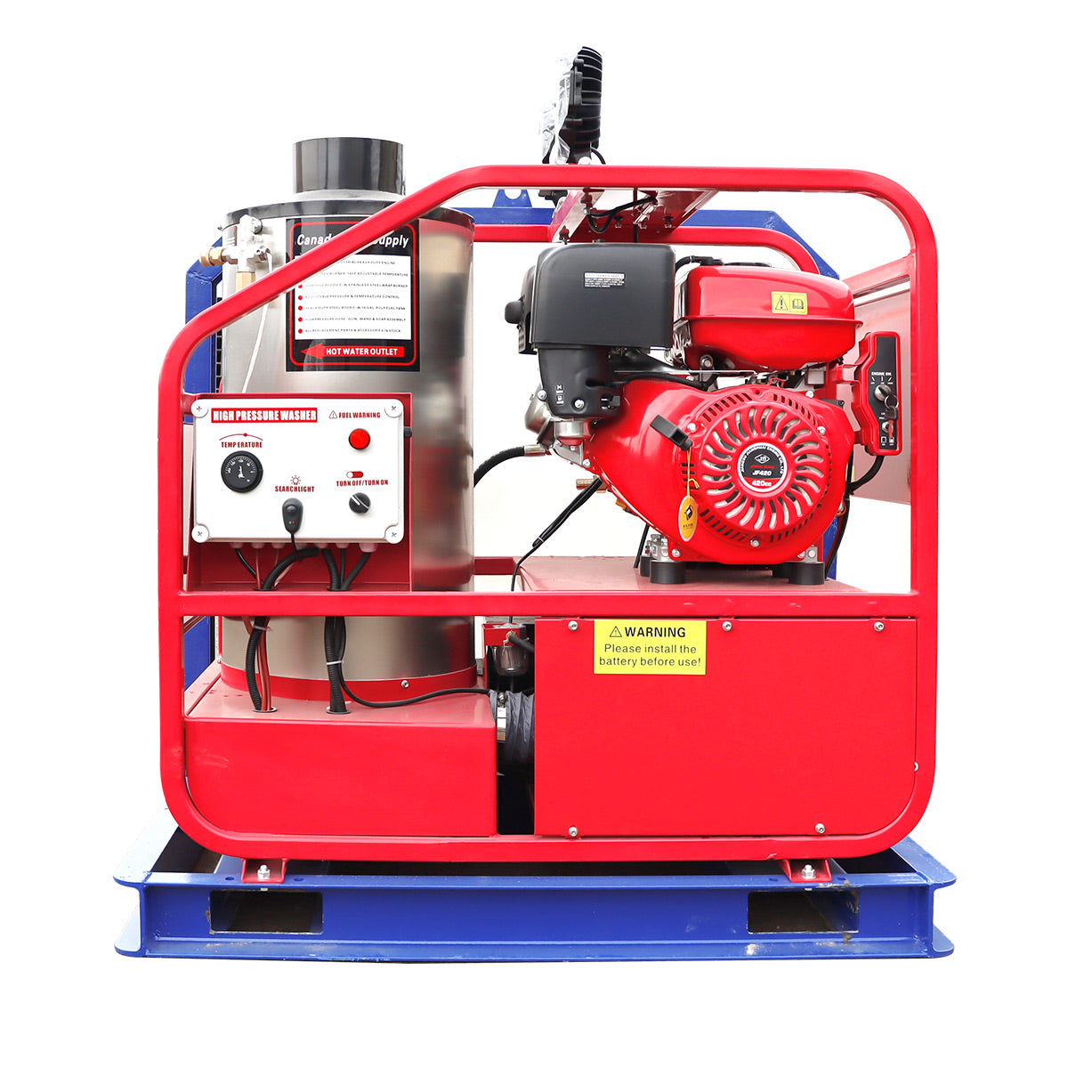 Red and blue industrial machine on a white background